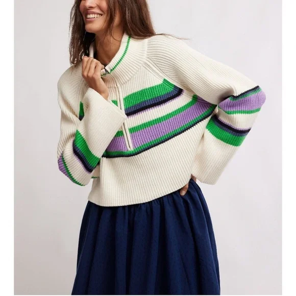 NWT Free People Striped Greta Half Zip /Sugar Swirl Combo - Picture 4 of 7